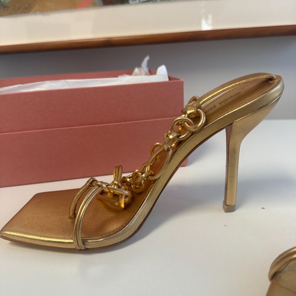 Cult Gaia Leather Chain-Link T-Strap Flat Sandal Tan/Gold Size 7.5 - Picture 3 of 7